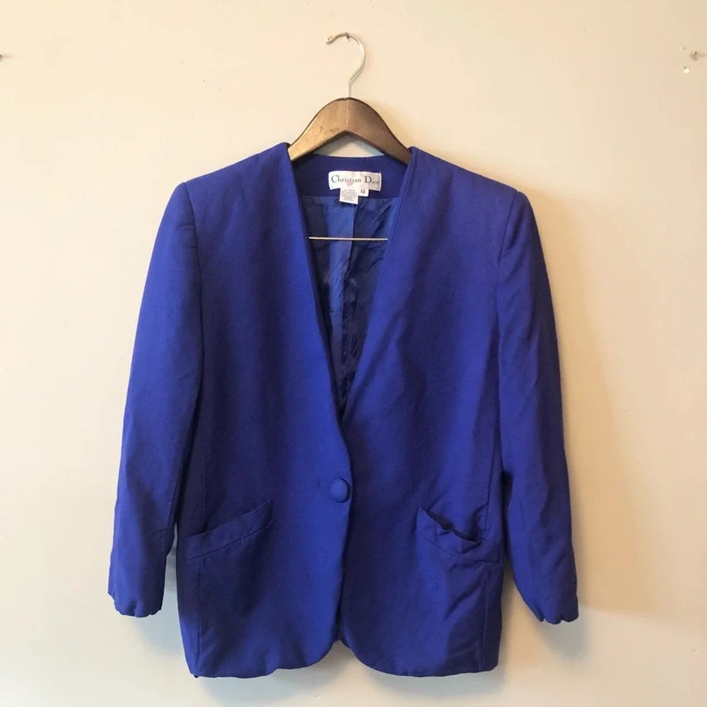 Christian Dior vintage large button blazer purple blue cropped sleeve